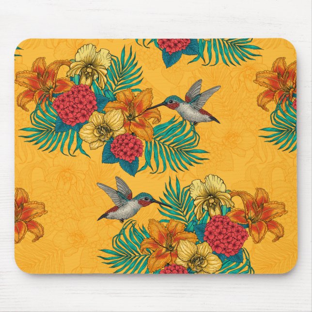 Alfombrilla De Ratón Hummingbirds y el ramo tropical amarillo (Frente)