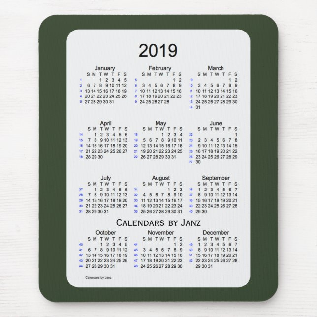 Alfombrilla De Ratón Humo verde 2019 calendario de 52 semanas por Janz (Frente)