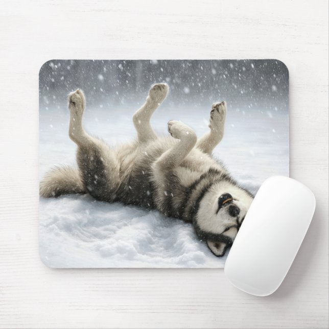 Alfombrilla De Ratón Husky Siberiano haciendo un ángel de nieve (Con ratón)
