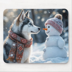 Alfombrilla De Ratón Husky siberiano mirando a un hombre de nieve