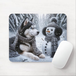 Alfombrilla De Ratón Husky y Snowman en Winter Woods
