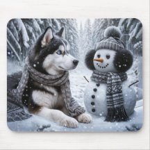 Husky y Snowman en Winter Woods