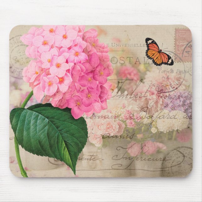 Alfombrilla De Ratón Hydrangea rosa vintage Shabby Mousepad (Frente)