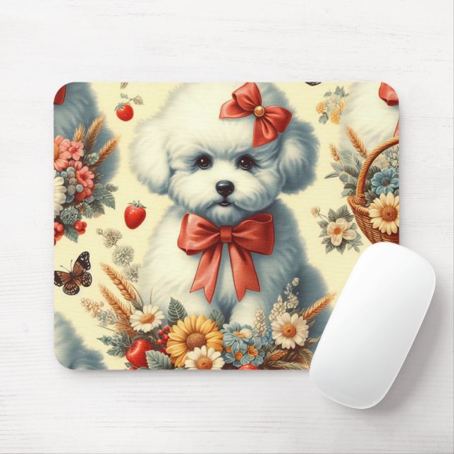 Alfombrilla De Ratón Ilustracion Cute Vintage Bichon Frisé (Con ratón)