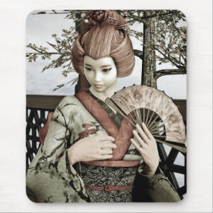Alfombrilla De Ratón Ilustración de abanico de kimono de geisha vintage