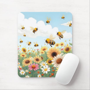 Alfombrilla De Ratón Ilustración de abejas y flores lindas
