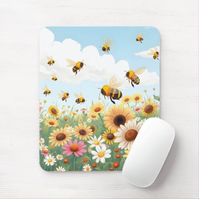 Alfombrilla De Ratón Ilustración de abejas y flores lindas (Con ratón)