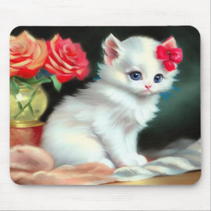 Alfombrilla De Ratón Ilustracion de gatito blanco con flores rojas