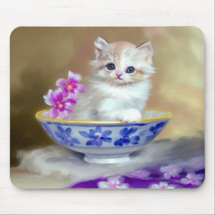 Alfombrilla De Ratón Ilustracion de gatito blanco vintage
