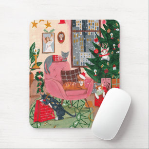 Alfombrilla De Ratón Ilustracion de Navidades de gato rosa