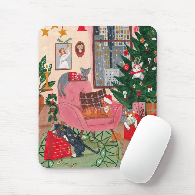 Alfombrilla De Ratón Ilustracion de Navidades de gato rosa (Con ratón)