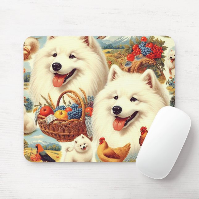 Alfombrilla De Ratón Ilustracion de perro Samoyed de época (Con ratón)