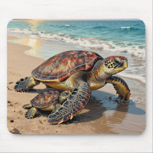 Alfombrilla De Ratón Ilustración de tortuga marina y bebé en la playa