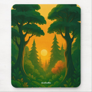 Alfombrilla De Ratón Ilustración del bosque del atardecer vibrante