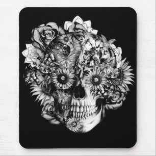 Alfombrilla De Ratón Ilustracion floral del cráneo del ohmio en blanco