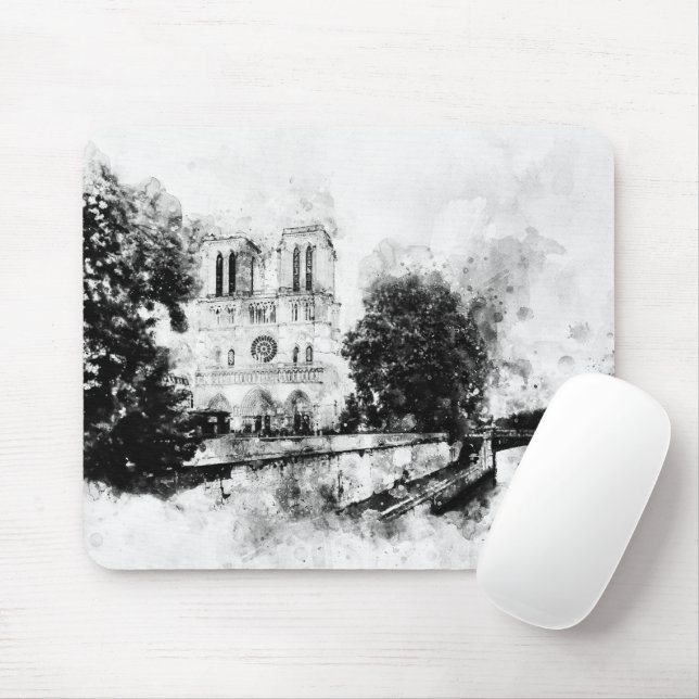 Alfombrilla De Ratón Ilustracion monocromo de la catedral de Notre-Dame (Con ratón)