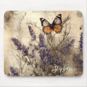 Alfombrilla De Ratón Ilustración personalizada de mariposa lavanda vint