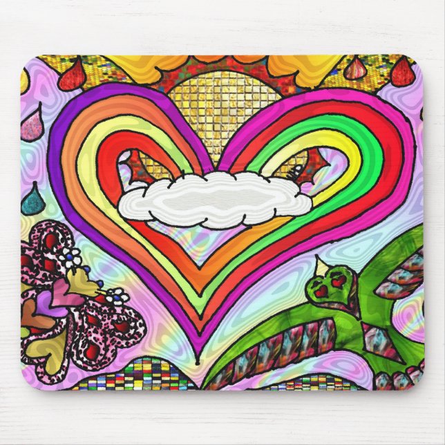 Alfombrilla De Ratón Impresión psicodélica de arte cardíaco arcoiris (Frente)