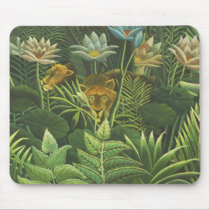 Alfombrilla De Ratón Impresión vintage de león en jungla tropical de He