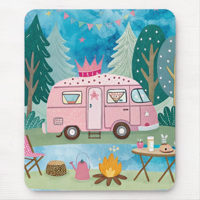 Alfombrilla De Ratón Impresionante escena de Van Camping de Camper Rosa (Frente)