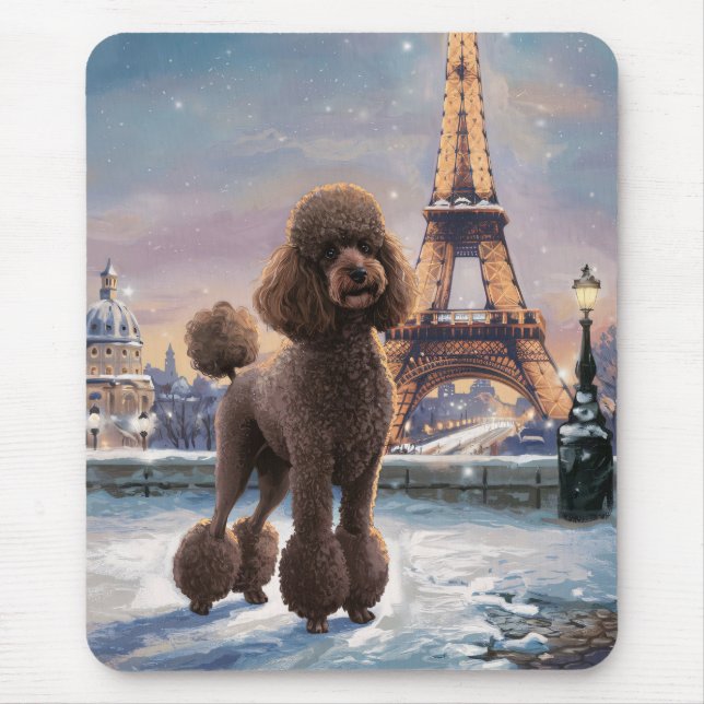 Alfombrilla De Ratón Invierno de caniche marrón en París pintura (Frente)