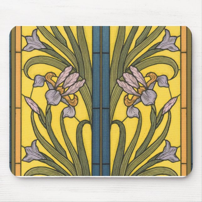 Alfombrilla De Ratón Iris Flower Art Nouveau Stained Glass Blue Gold (Frente)