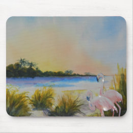 Alfombrilla De Ratón Isla Tropical de Flamingos Rosados