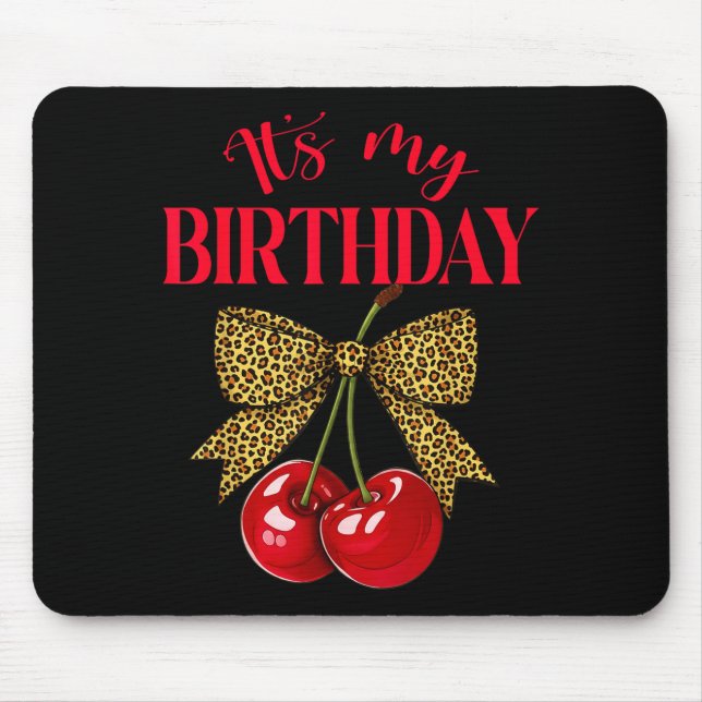 Alfombrilla De Ratón It's My Birthday Cute Cherry Leopard Coquette Bow  (Frente)