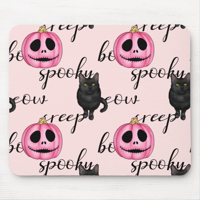 Alfombrilla De Ratón Jack-O-Lantern rosa y gato negro (Frente)