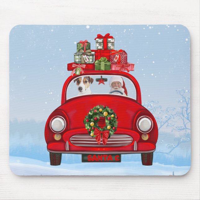 Alfombrilla De Ratón Jack Russell Dog En Auto Con Santa Claus (Frente)