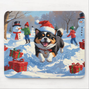 Alfombrilla De Ratón Japanese Chin corriendo en la nieve con sombrero d
