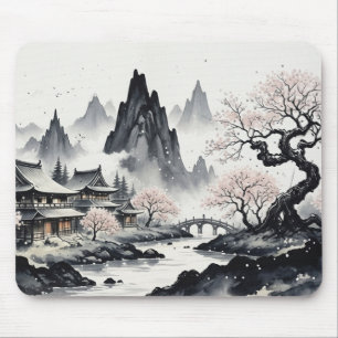 Alfombrilla De Ratón Japanese Ink Wash Landscape Mouse Pad - Zen Sakura