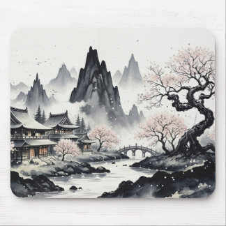 Alfombrilla De Ratón Japanese Ink Wash Landscape Mouse Pad - Zen Sakura