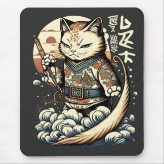 Alfombrilla De Ratón Japón: Gato japonés ondea un ánime manga kawaii