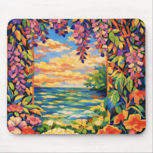 Alfombrilla De Ratón Jardín de puesta de sol oceánico floral vibrante –