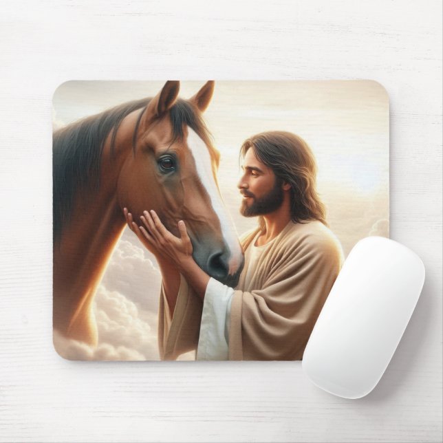 Alfombrilla De Ratón Jesús consolando un caballo en el cielo (Con ratón)