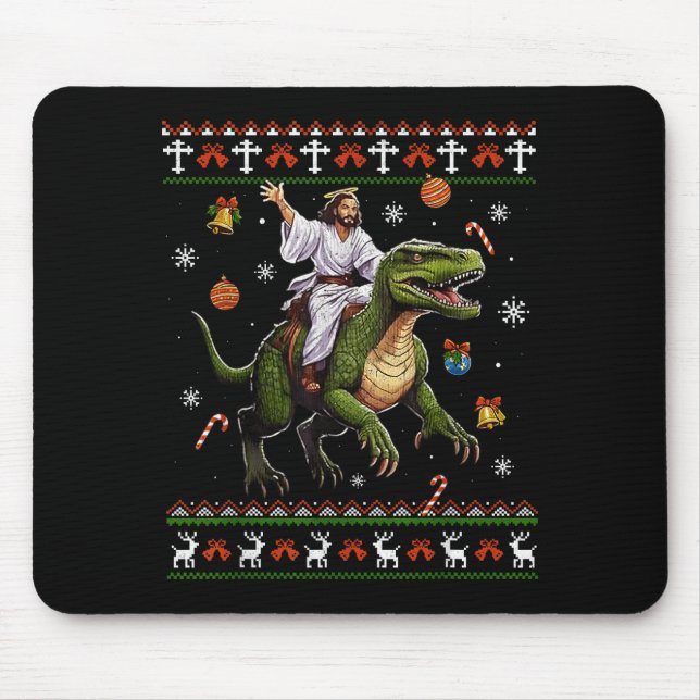 Alfombrilla De Ratón Jesus Riding Dinosaur Funny Meme Ugly Christmas Sw (Frente)