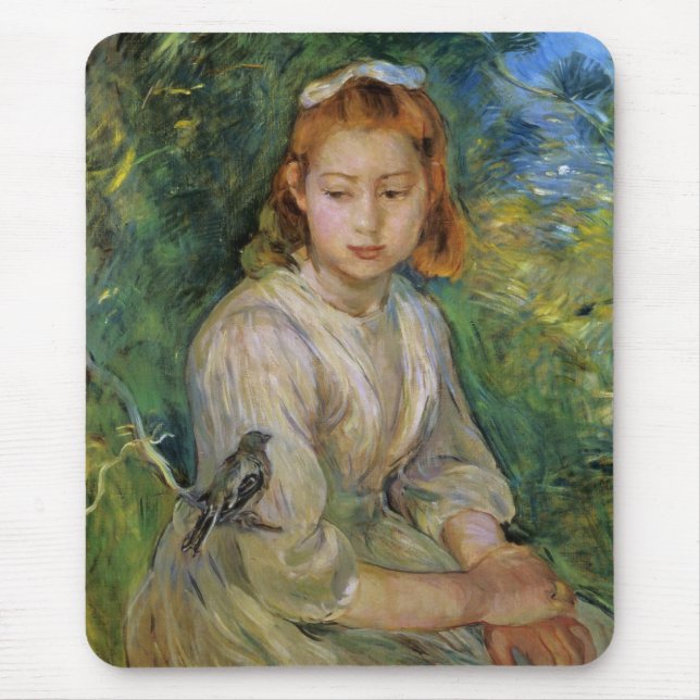 Alfombrilla De Ratón Joven Chica con pájaro (por Berthe Morisot) (Frente)