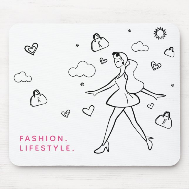 Alfombrilla De Ratón Joven Chica de moda - Arte esbozado en blanco y ne (Frente)
