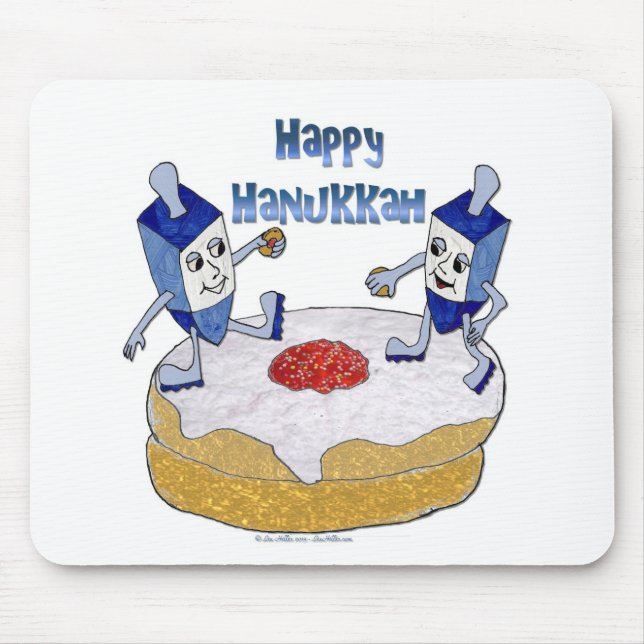 Alfombrilla De Ratón Judaica Happy Hanukkah Dancing Dreidels Doughnut (Frente)