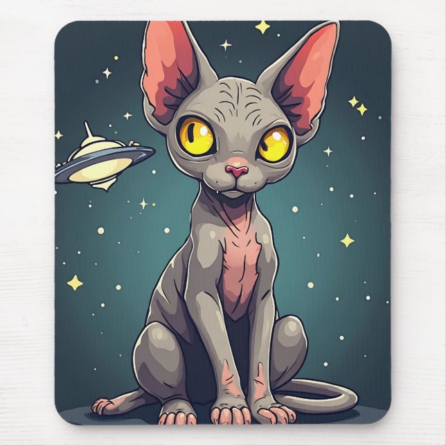 Alfombrilla De Ratón Judging Sphynx Cat UFO Space Cartoon Art (Frente)