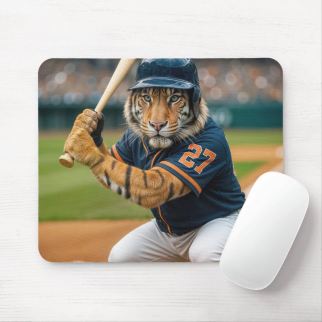 Alfombrilla De Ratón Jugador de béisbol Tigre al bate (Con ratón)