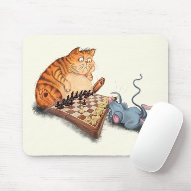 Alfombrilla de ratón jugando al ajedrez con gato y (Con ratón)