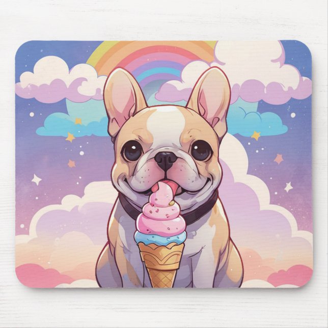 Alfombrilla De Ratón Kawaii Bulldog francés helado arcoiris (Frente)