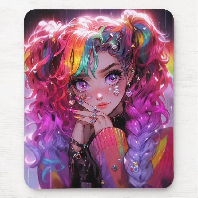Alfombrilla De Ratón Kawaii Chica de las trenzas de pelo arcoiris (Frente)
