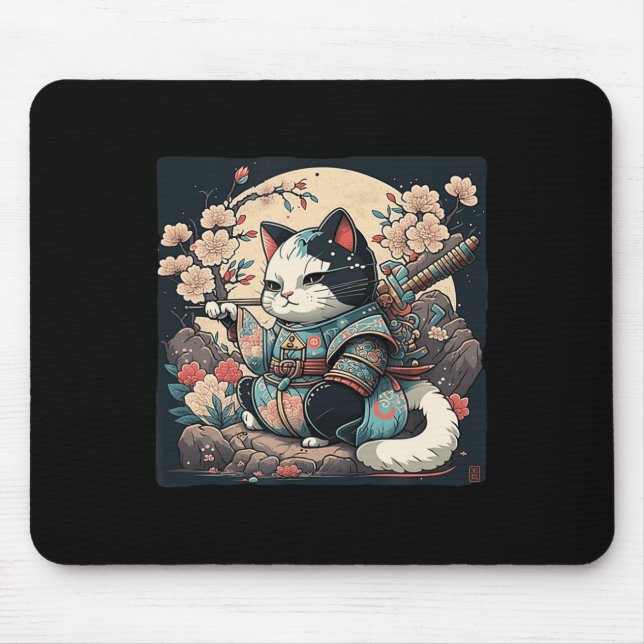 Alfombrilla De Ratón Kawaii estilo japonés Samurai Cat Kitten Anime (Frente)