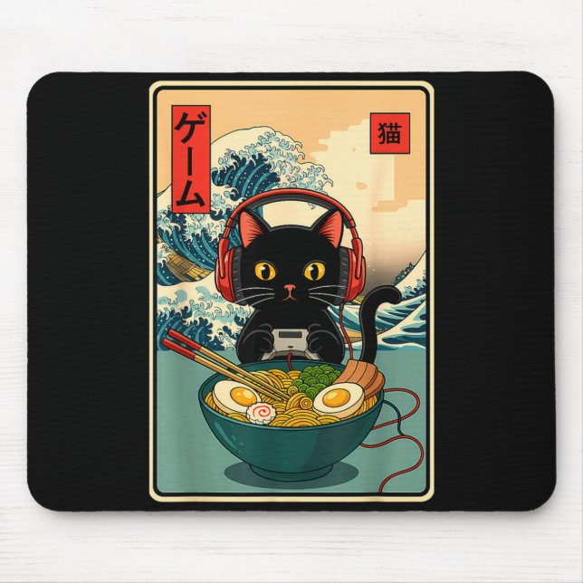 Alfombrilla De Ratón Kawaii Gamer Cat Ramen Retro Japanese Funny Cat Ga (Frente)