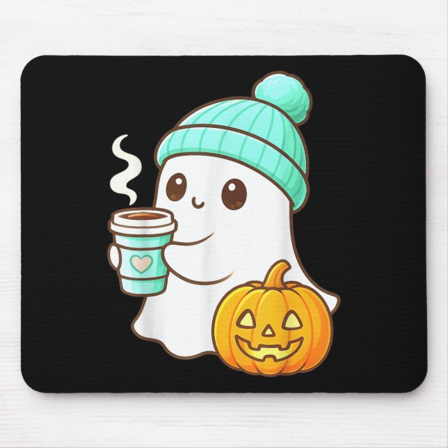 Alfombrilla De Ratón Kawaii Ghost With Pumpkin Coffee Cozy Halloween Au (Frente)