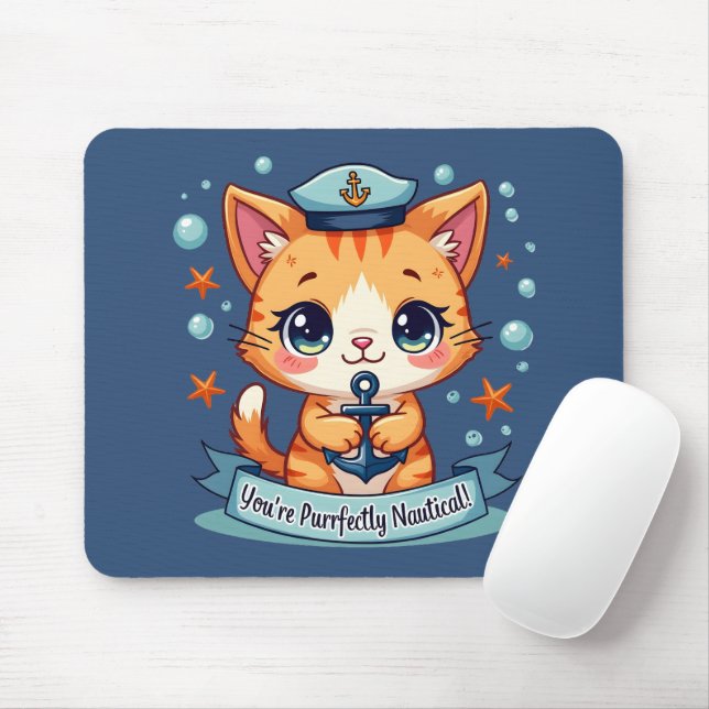 Alfombrilla De Ratón Kawaii Nautical Cat Vela Anchor Pun (Con ratón)