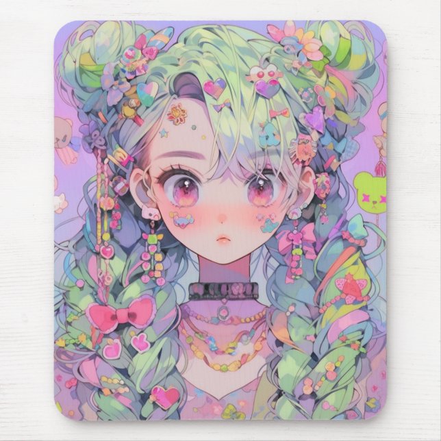 Alfombrilla De Ratón Kawaii Pastel Harajuku Anime Chica con trenzas (Frente)
